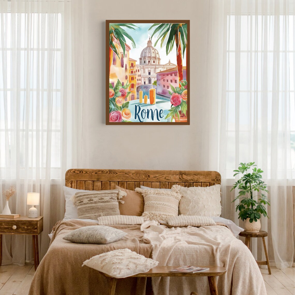 Rome St Peter's Basilica with Palms and Roses Watercolor Travel Poster - Image 3