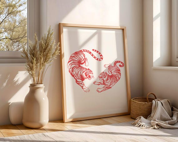 Japanese Tiger Art Print Two Tigers Asian Decor