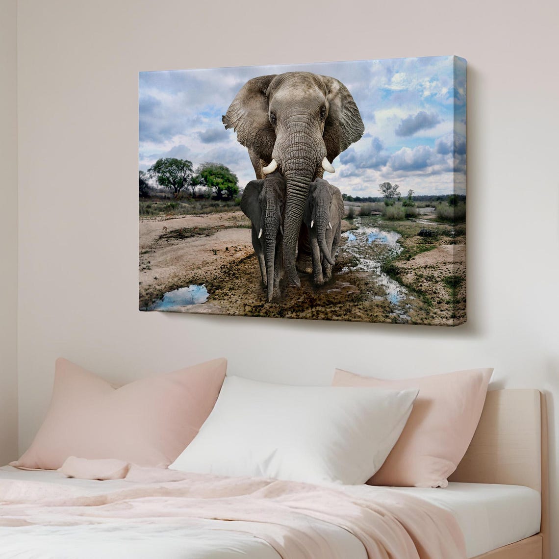African Elephant Mother and Calves Walking Savanna Wildlife Poster
