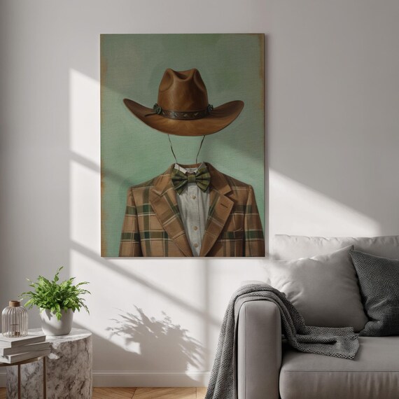 Cowboy Hat Canvas Print Quirky Minimalist Wall Art Rustic Western Poster Framed Playful Decor For Man Cave And Creative Living Room