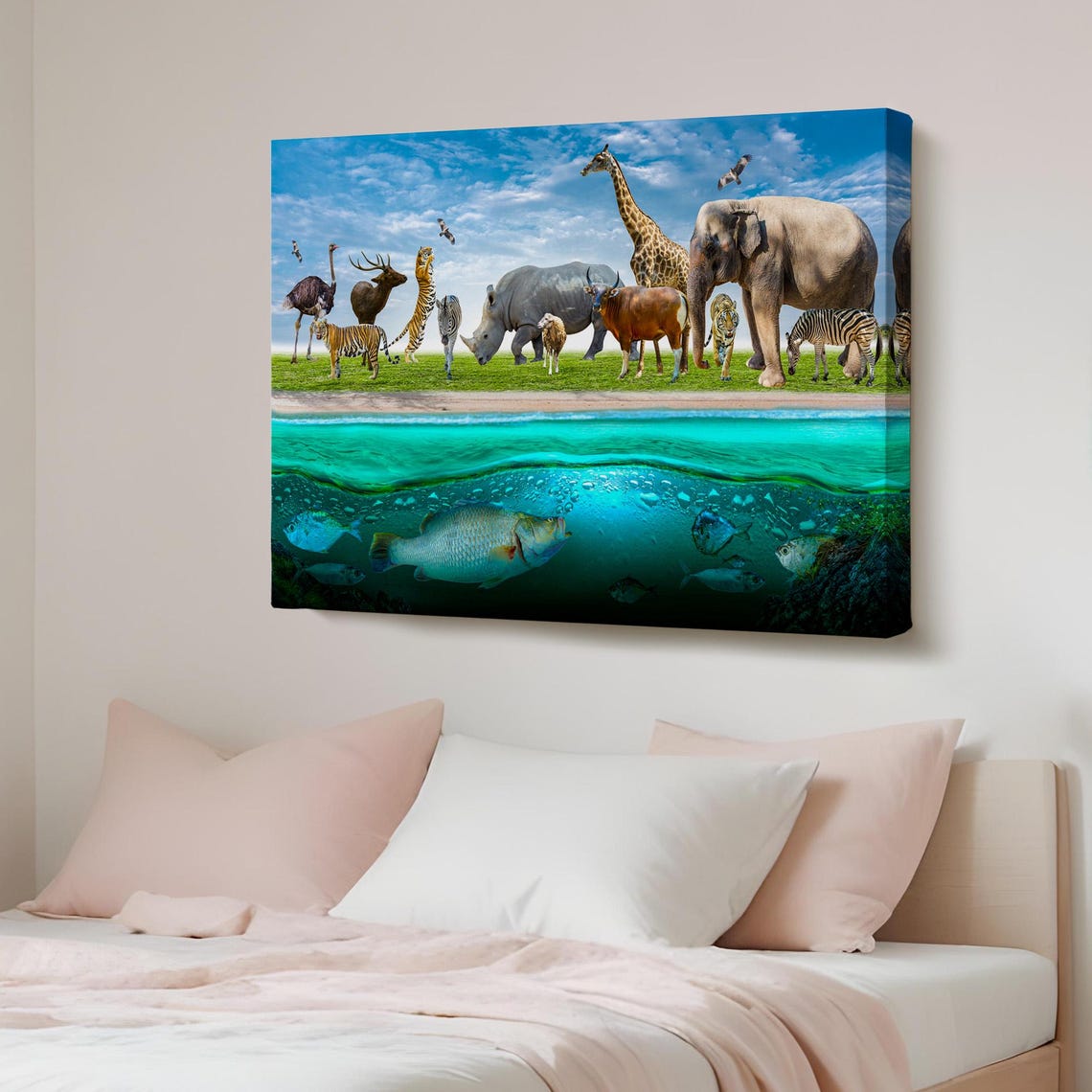 African Safari Animals and Ocean Fish Split View Kids Poster