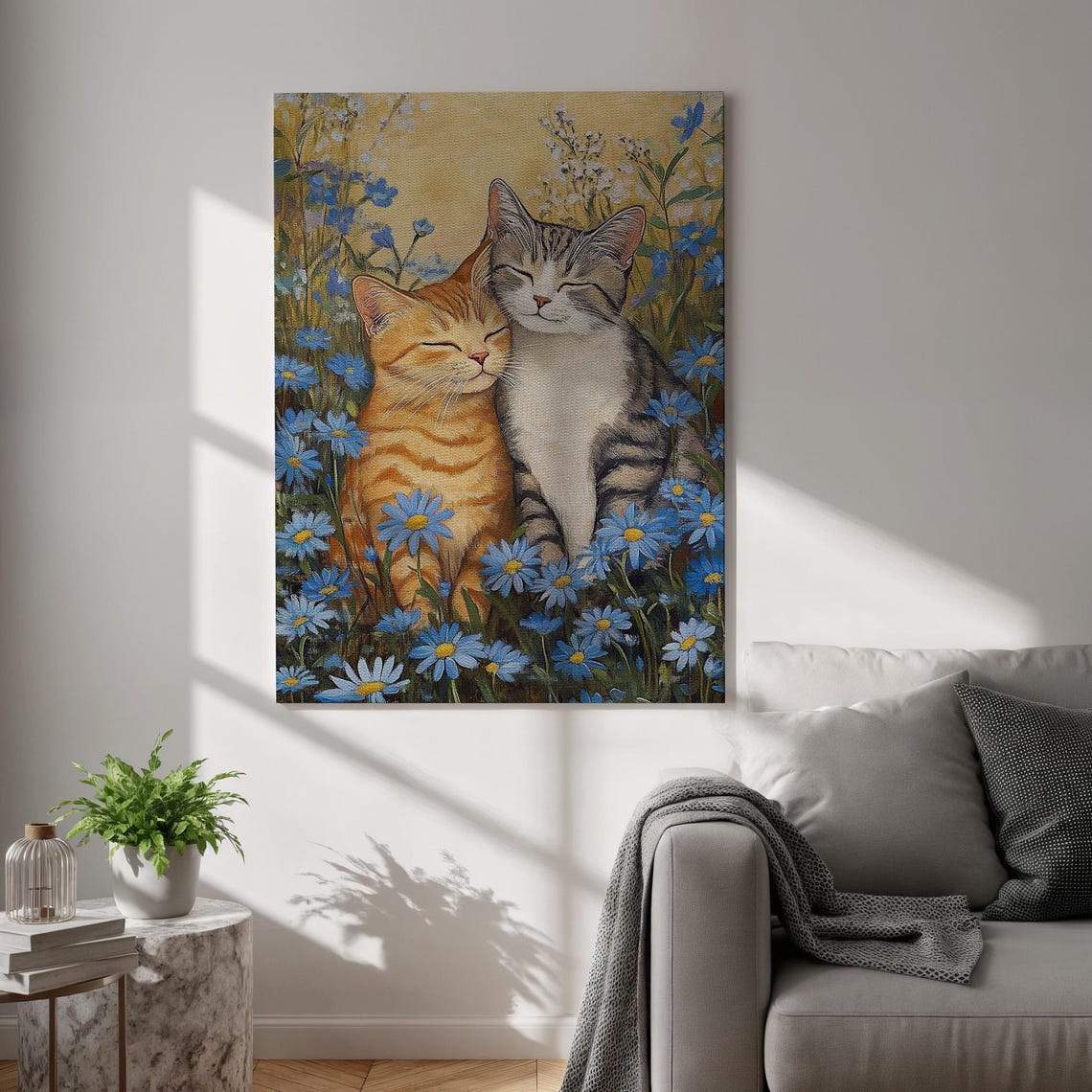 Two Cats Cuddling Blue Daisies Sweet Floral Kitten Pair Art Poster
