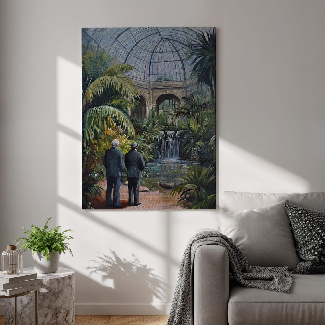 Tropical Conservatory with Palm Trees and Waterfall Vintage Art Poster