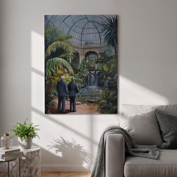 Tropical Conservatory with Palm Trees and Waterfall Vintage Art Poster