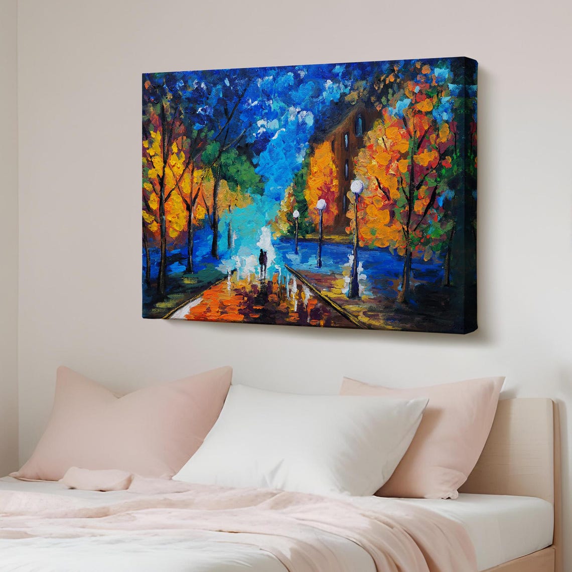 Rainy Night Forest Path Couple Umbrella Impressionist Poster