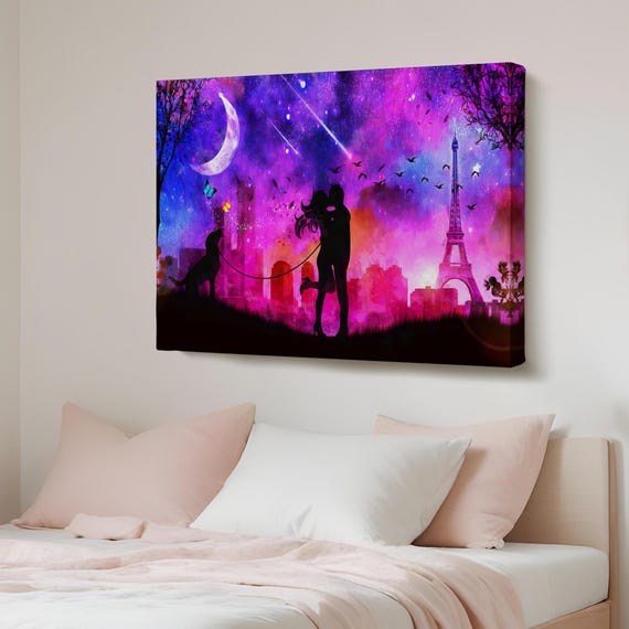 Couple Kissing In Front Of The Eiffel Tower Canvas Wall Art Housewarming Gifts Abstract Large