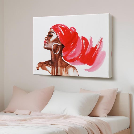 African Woman Watercolor Look Decorative Canvas Wall Art Portrait Decor Modern