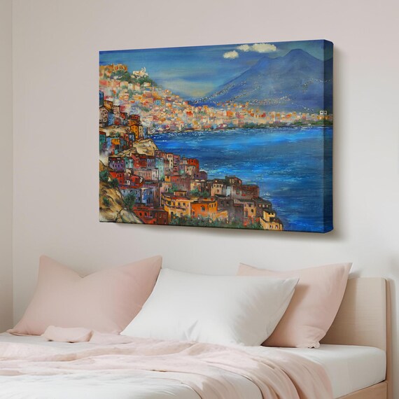 Naples Bay Coastal City Oil Painting Vesuvius Italy Travel Art Poster