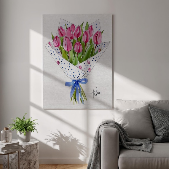 Pink Tulip Bouquet Watercolor Painting Gift Wrap Bow Floral Wall Art