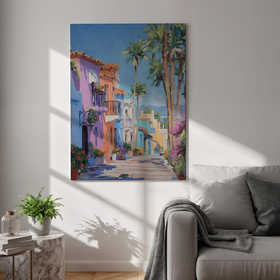 Colorful Old Town Street Palm Trees Flower Balconies Sunny Poster