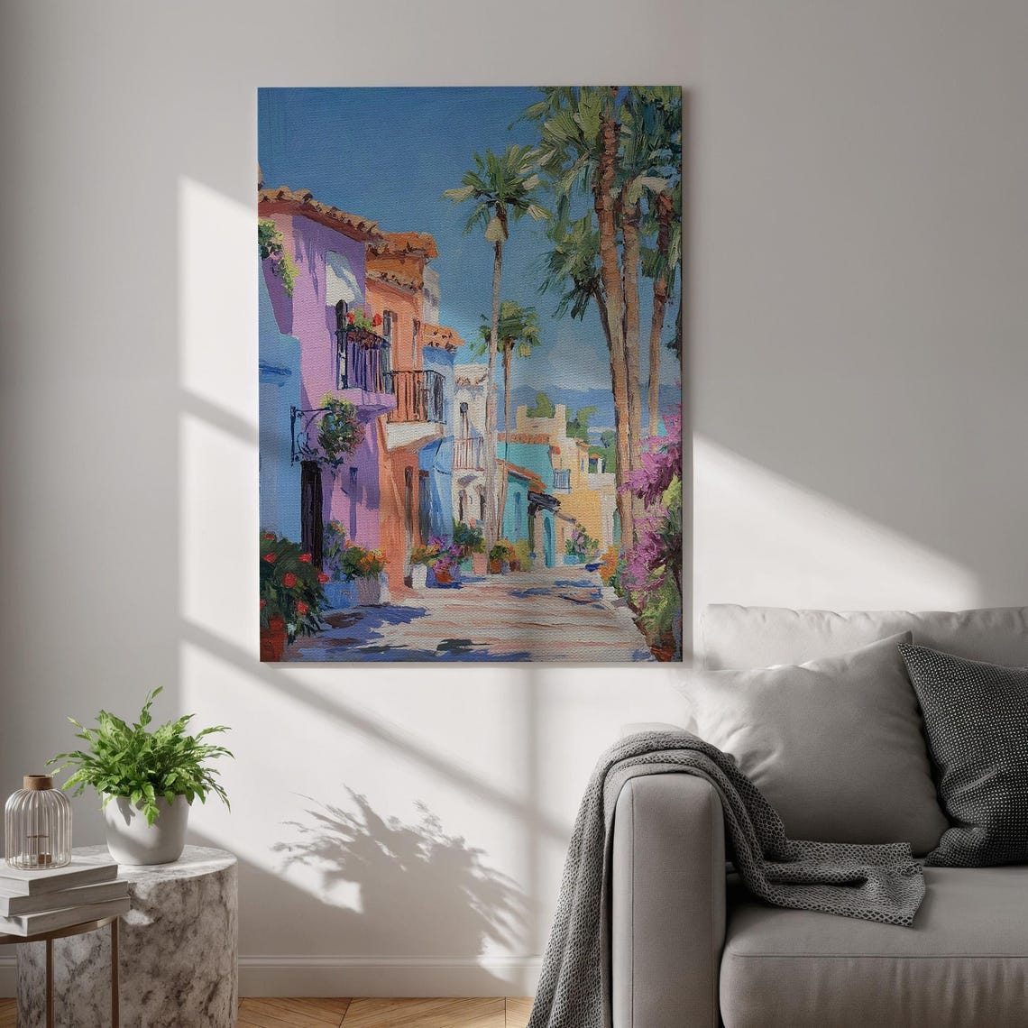 Colorful Old Town Street Palm Trees Flower Balconies Sunny Poster