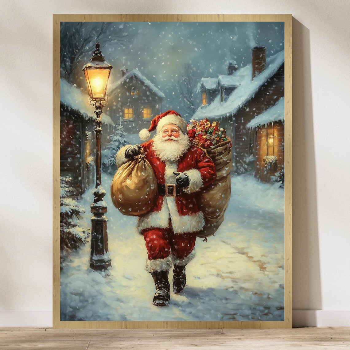 Santa Claus Carrying A Toy Sack Down A Snowy Village Lane Poster