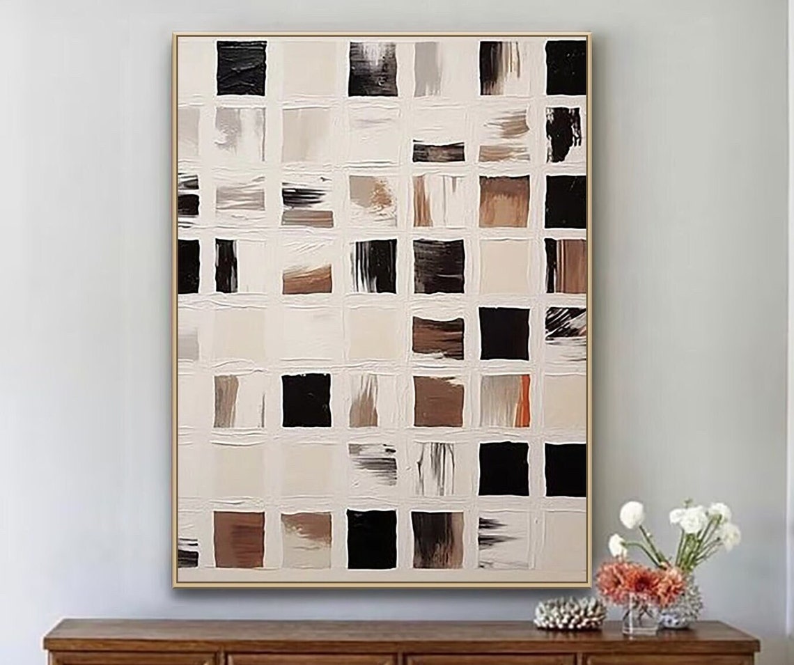 Black White Tan Brushstroke Grid Squares Minimalist Abstract Poster