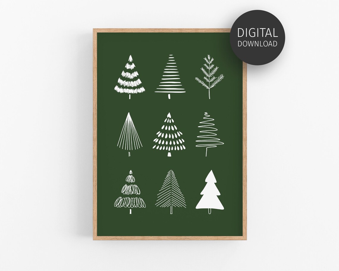 Minimalist White Christmas Trees Dark Green Holiday Art Poster