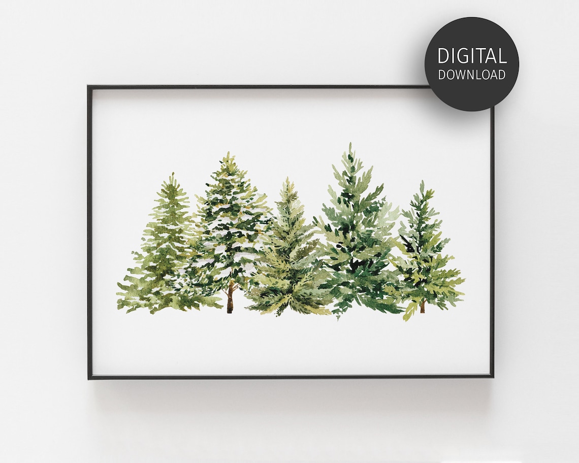 Watercolor Pine Forest Trees Minimal Woodland Winter Wall Art