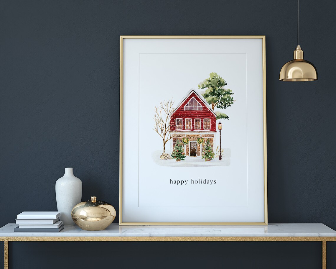 Happy Holidays Red Lodge House Watercolor Winter Christmas Poster - Image 3