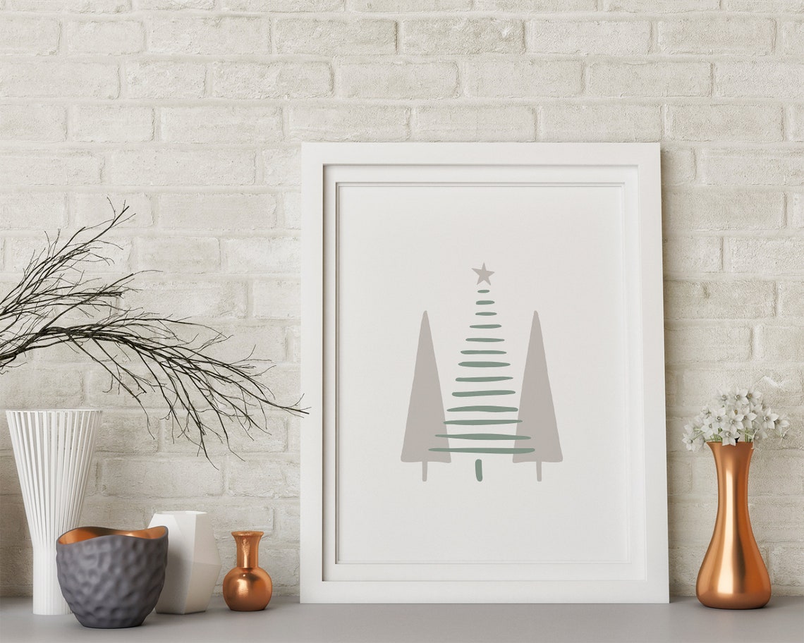Minimalist Abstract Christmas Trees Sage Green Beige Wall Art - Image 3