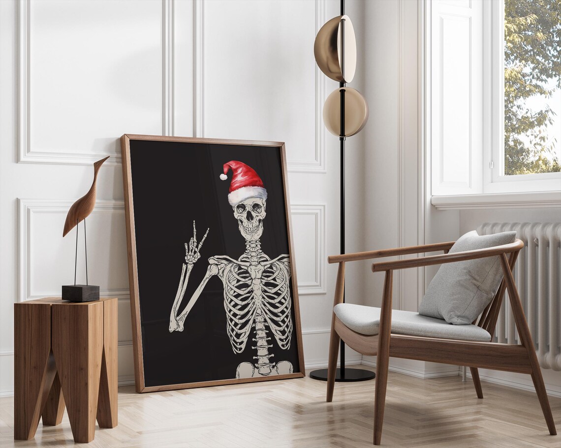 Christmas Skeleton With Santa Hat Poster, Goth Decor - Image 3