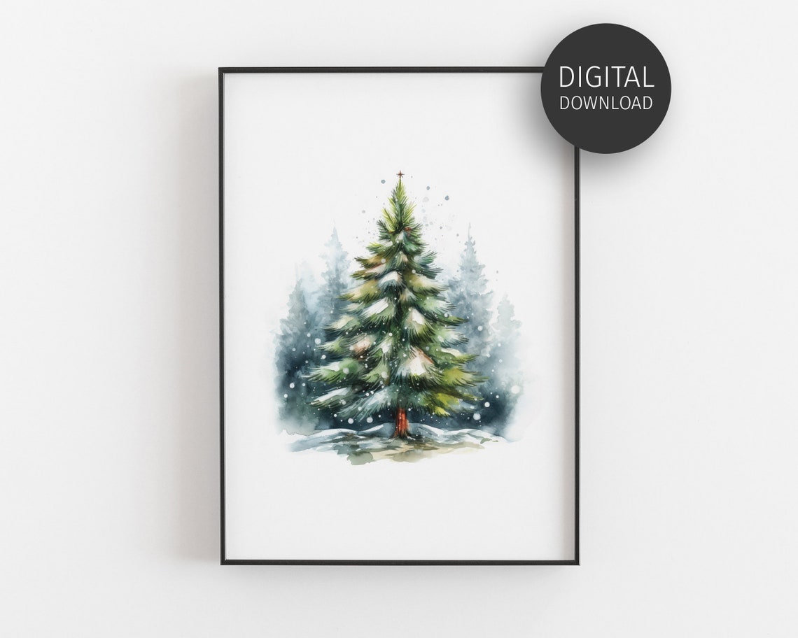 Snowy Pine Tree Watercolor Winter Forest Painting Christmas Poster