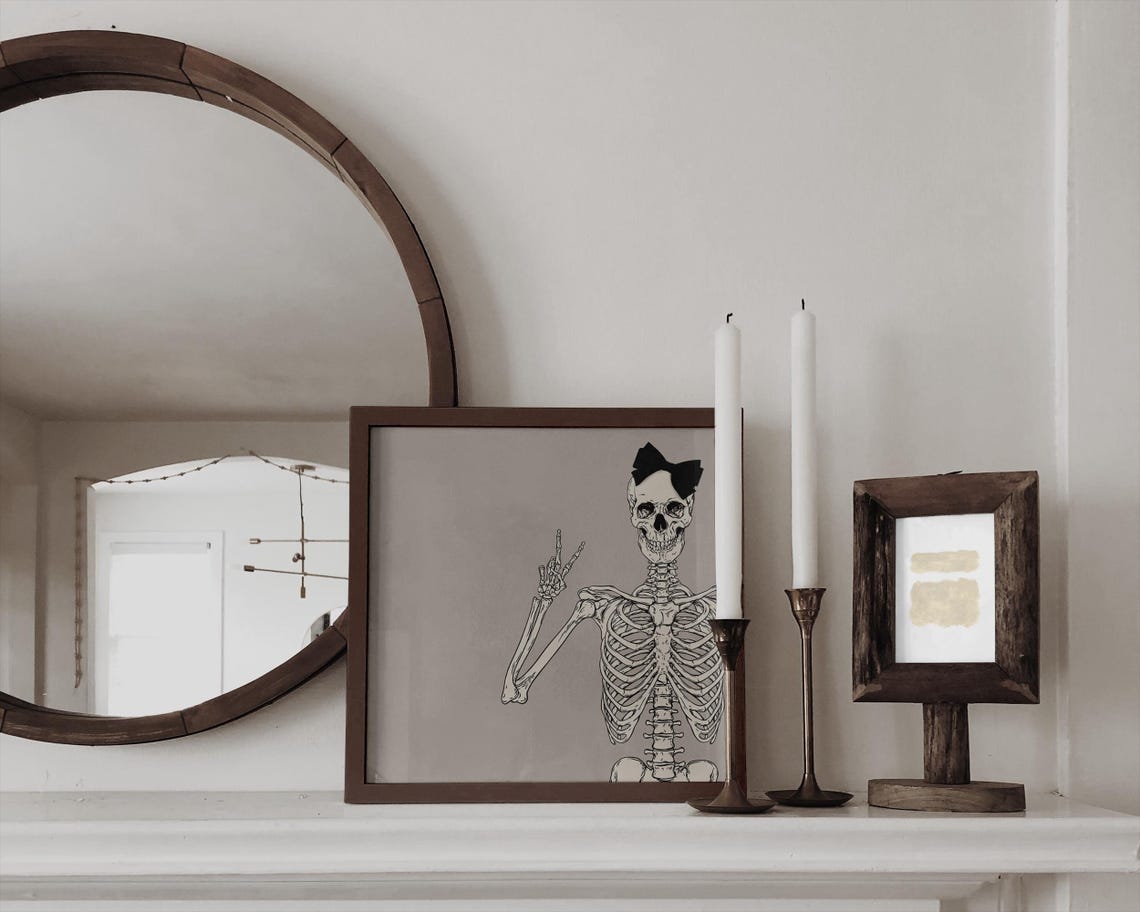 Coquette Skeleton With Bow Peace Sign Vintage Halloween Skull Poster - Image 3
