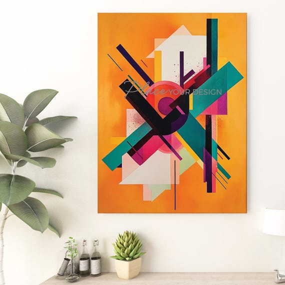 Bold Geometric Abstract Art Unframed Print Modern Wall Art Vibrant Orange And Teal Dynamic Shapes And Lines Hardware Included