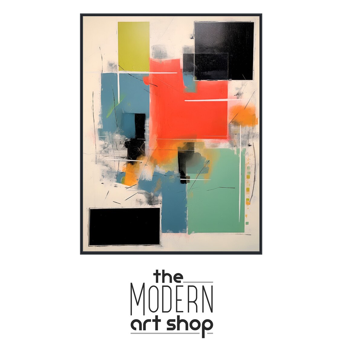 Large Geometric Wall Art Framed Print Modern Abstract Painting Orange Black Teal Perfect Proportions - Image 4