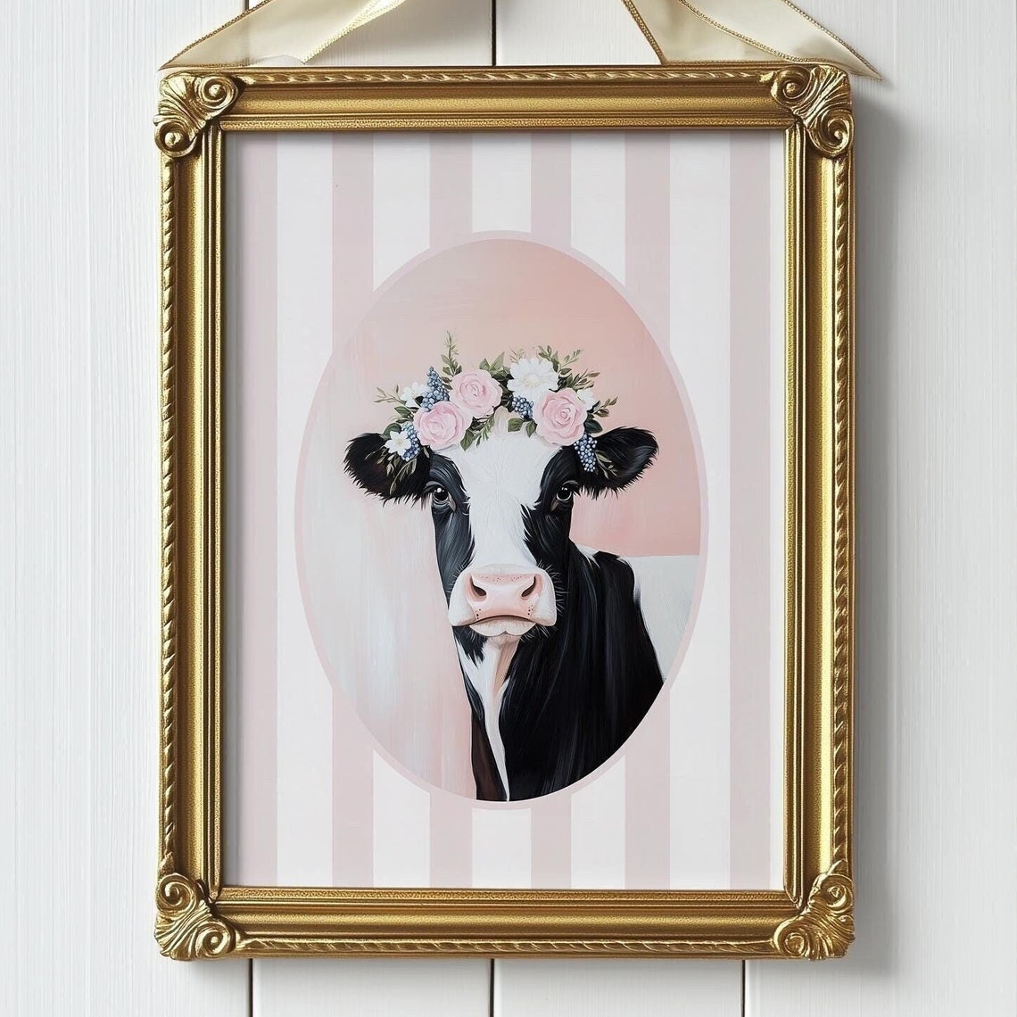 Cow with Flower Crown Pink Stripes Whimsical Nursery Decor Poster