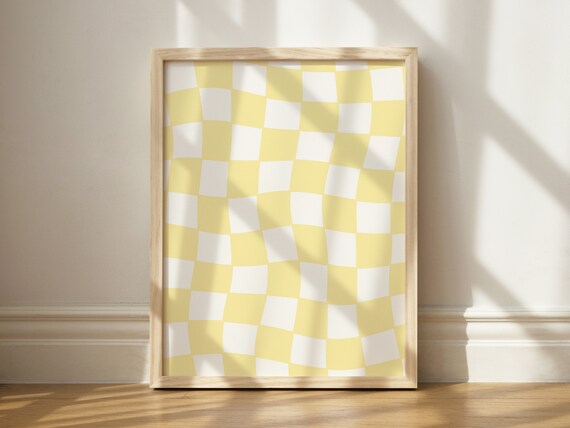 Pale Yellow Checkered Pattern Wavy Retro Checkerboard Dorm Poster