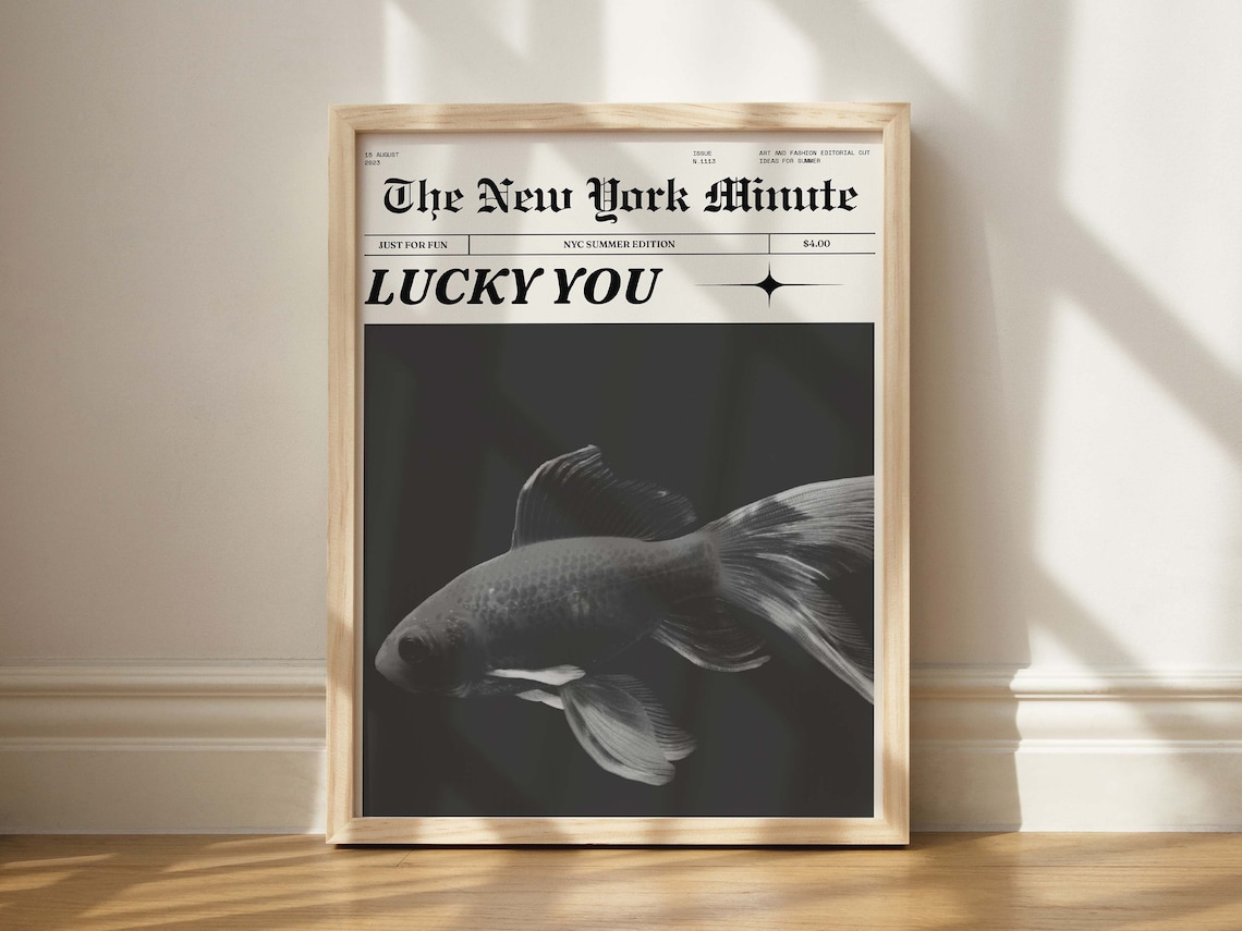 Lucky You Goldfish Black and White Vintage Newspaper Photo Poster