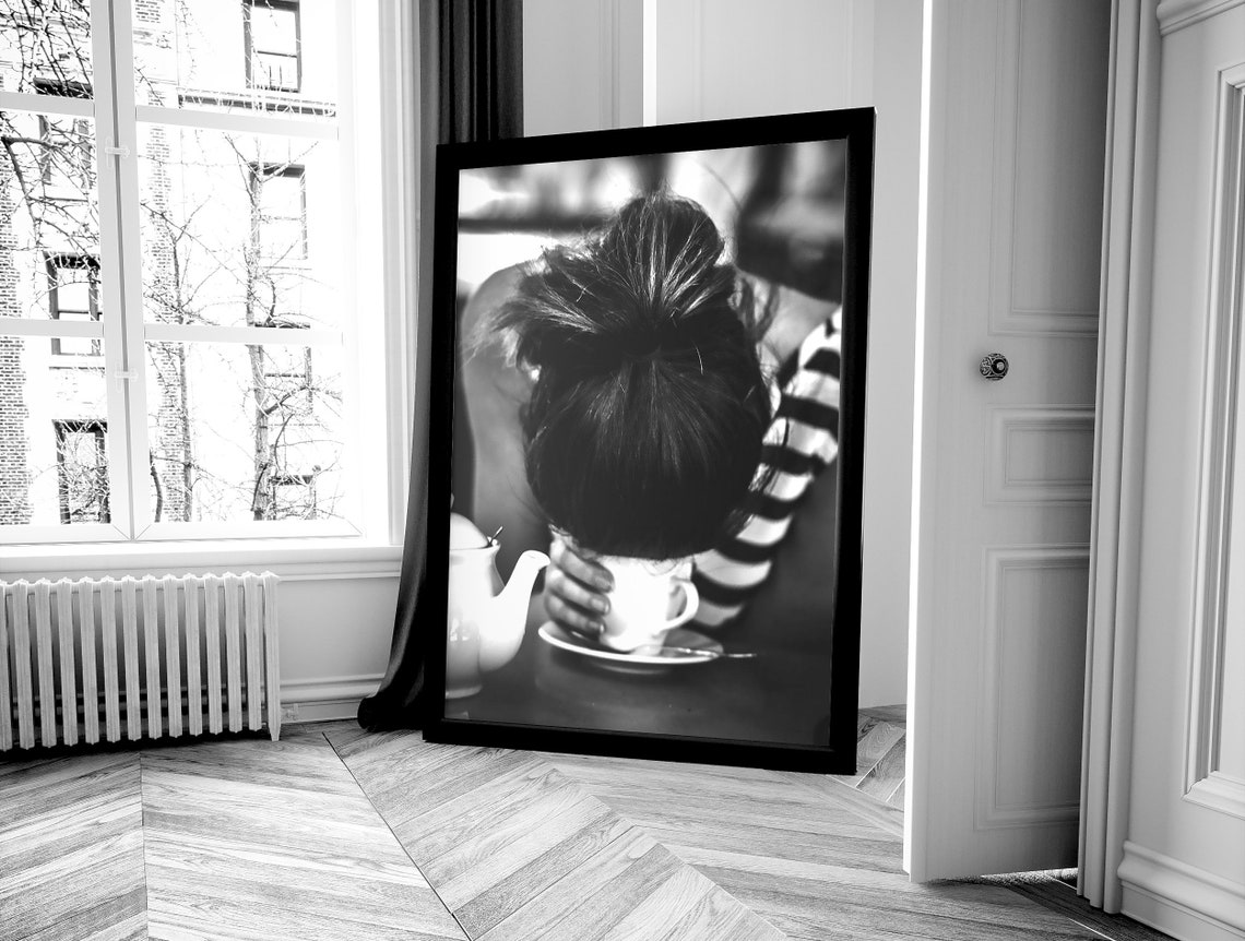 Morning Coffee Messy Bun Funny Black White Kitchen Humor Poster - Image 2