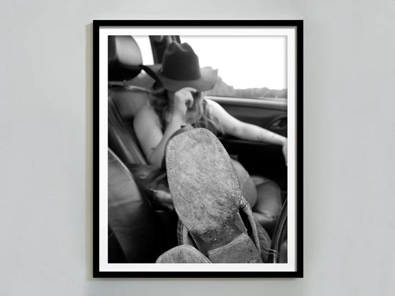 Cowgirl Boots In Car Prnt Western Wall Art Black And White Wild West Vintage Fashion Photography Hypebeast Room Decor