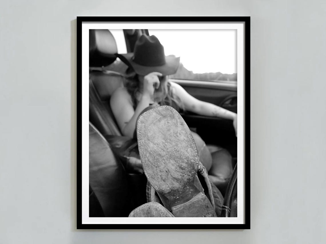 Cowgirl Boots In Car Prnt Western Wall Art Black And White Wild West Vintage Fashion Photography Hypebeast Room Decor