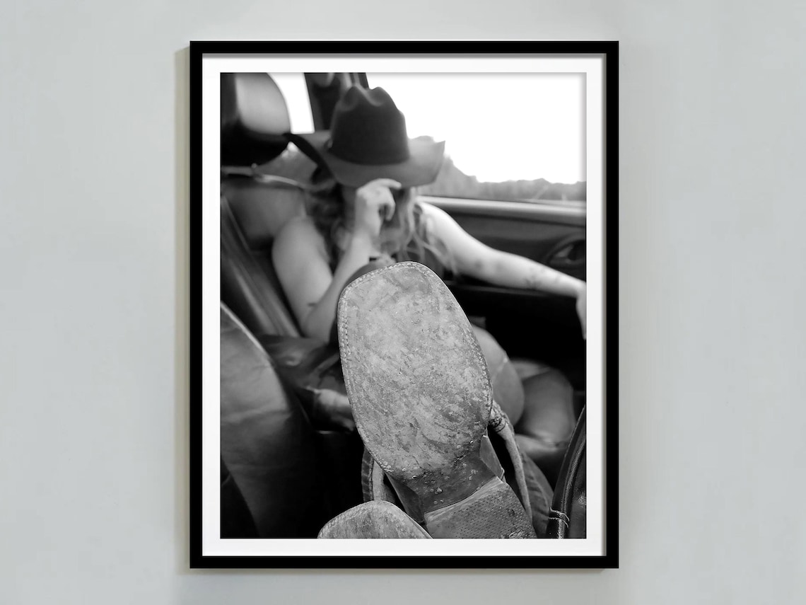 Worn Cowboy Boots In Car Black And White Western Fashion Poster