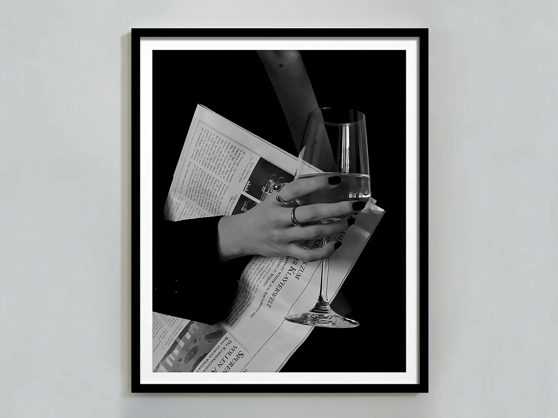Wine Glass Newspaper Black White Luxury Evening Photo Poster