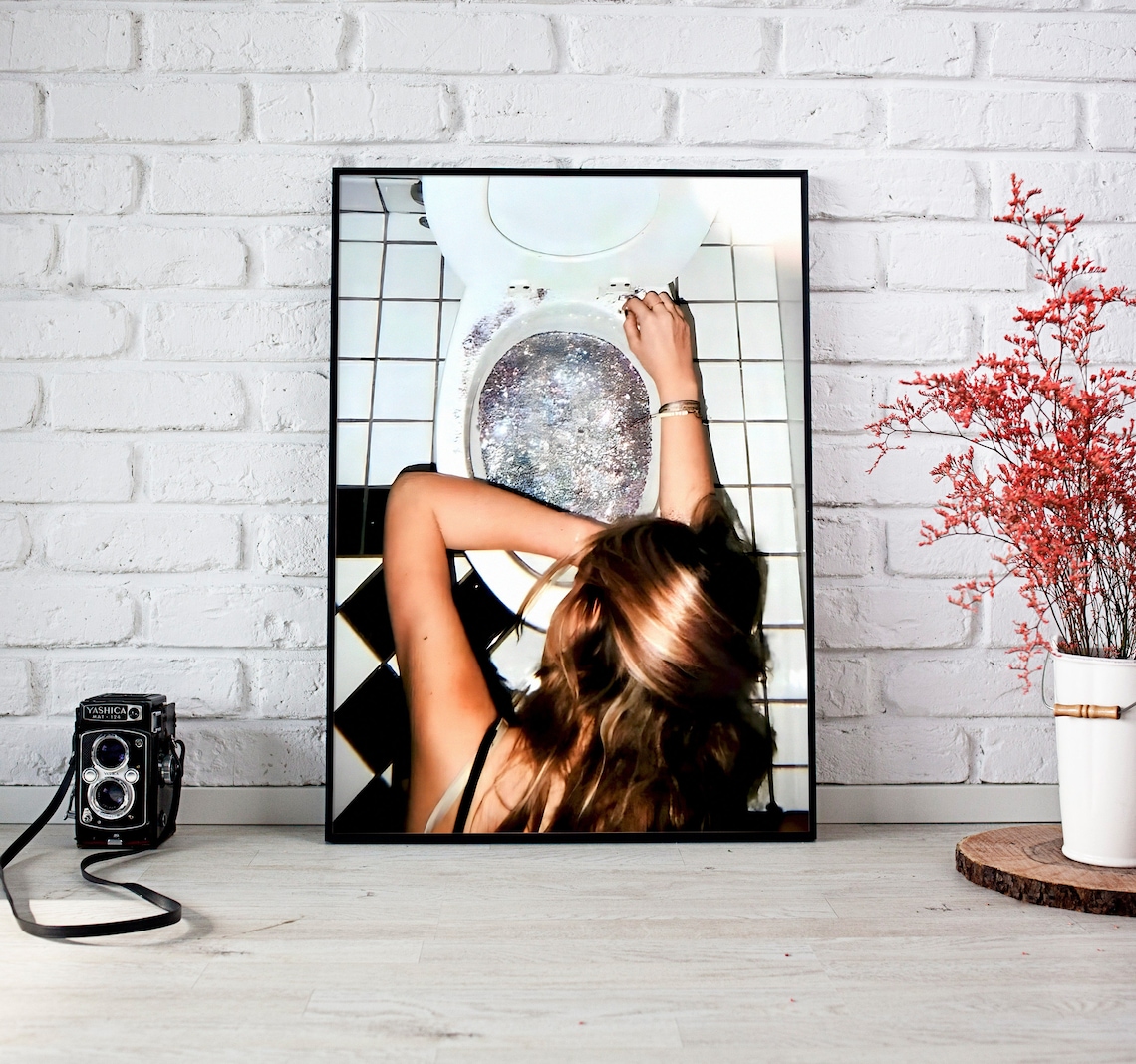Girl In A Toilet Drinking Vintage Bathroom Poster - Image 3