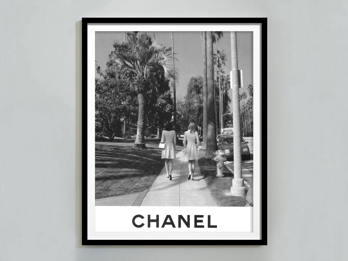 Two Women Walking Palm Lined Street Chanel Fashion Photo Poster