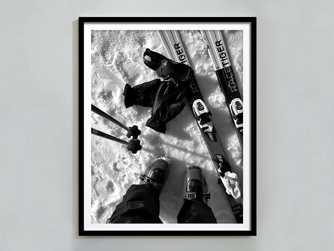 Skier Boots Skis Gloves Goggles In Snow Overhead Gear Layout Photo Print