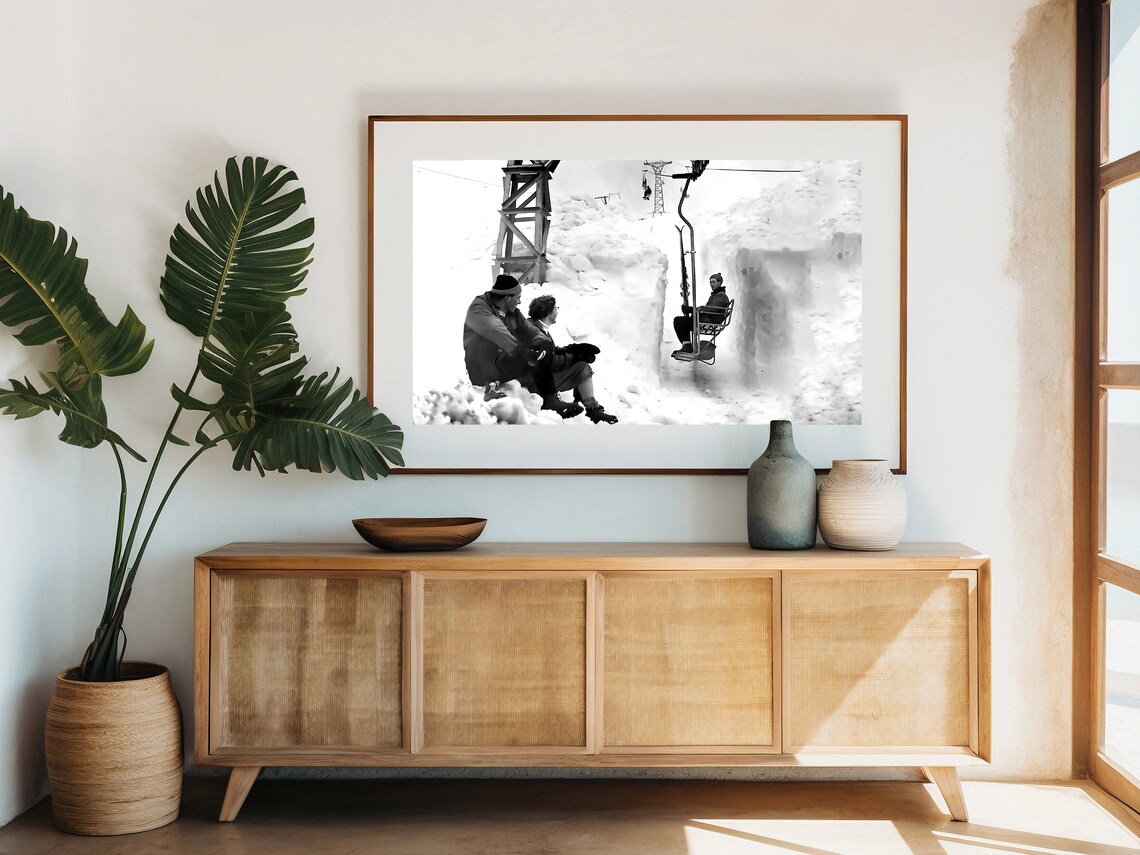 Vintage Skiers On Old Chairlift Riding Through Snow Canyon Print - Image 2