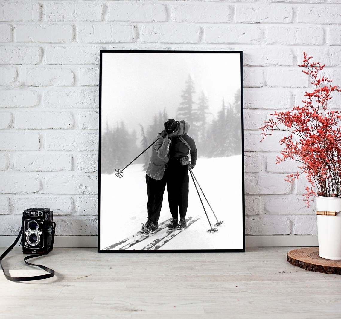 Vintage Couple Kissing On Skis In Snowy Forest Black White Poster - Image 2