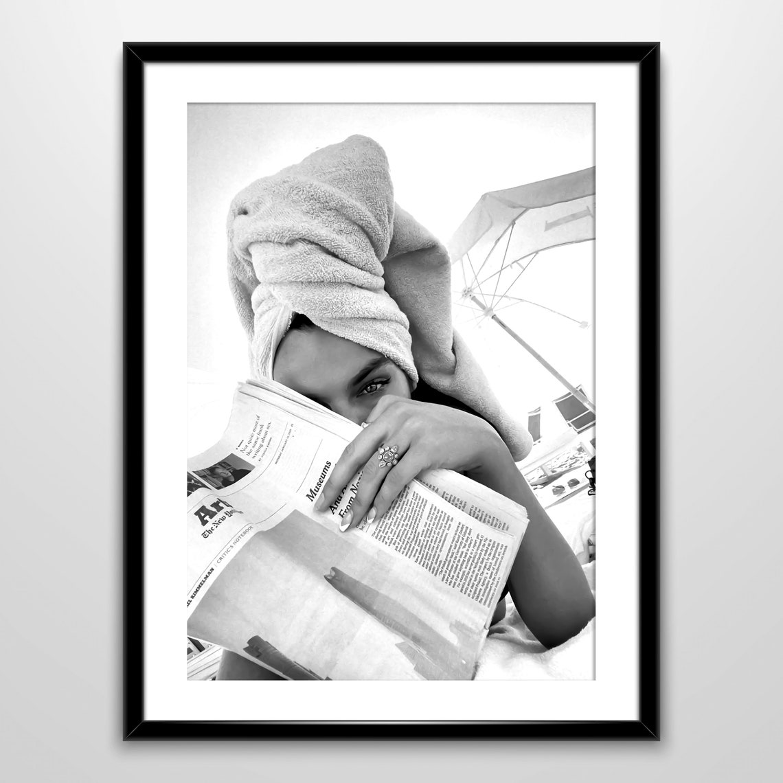 Woman Towel Turban Reading Newspaper On Boat Black White Poster - Image 2