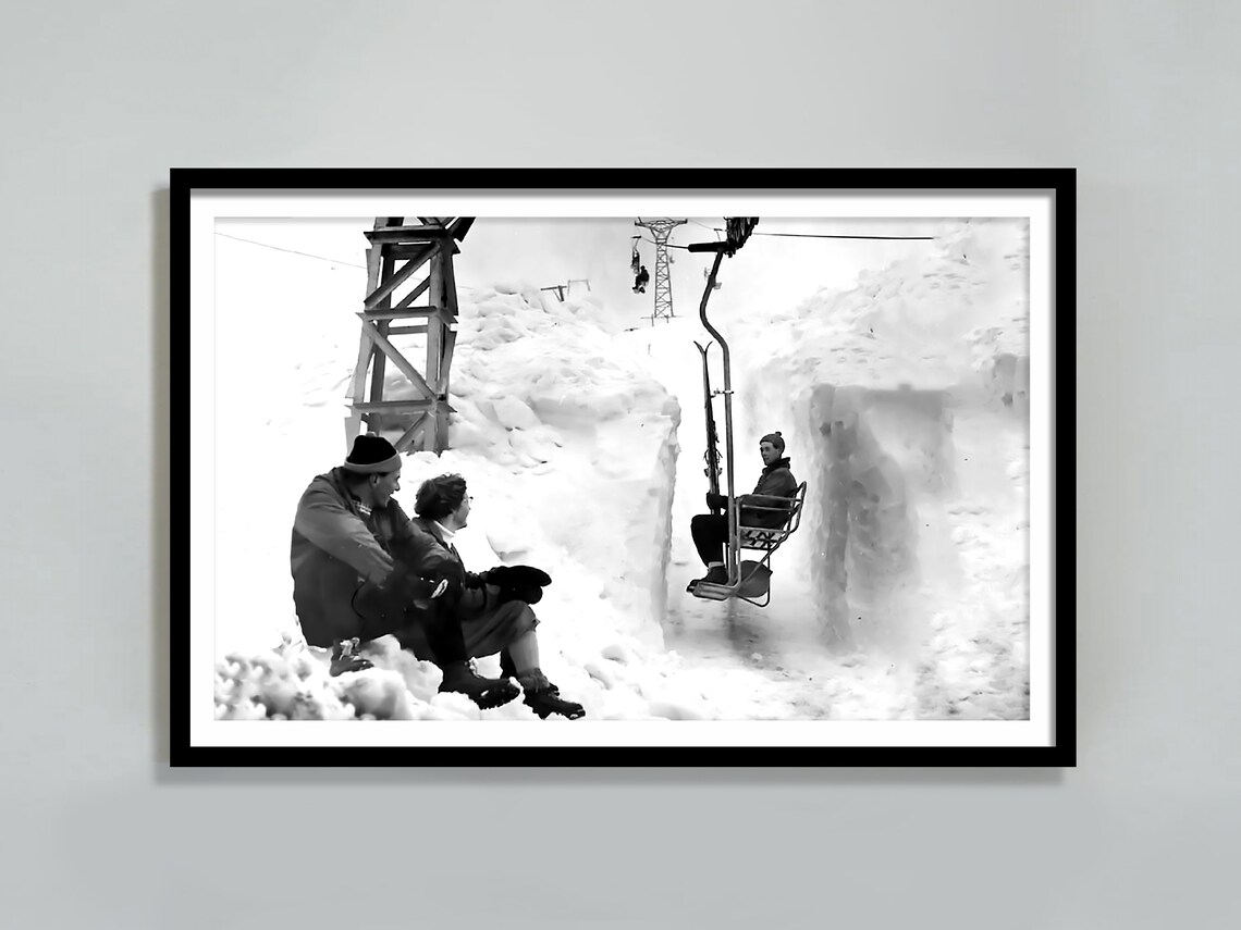 Vintage Skiers On Old Chairlift Riding Through Snow Canyon Print