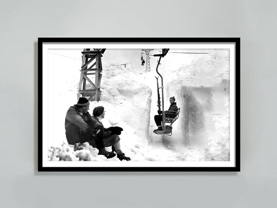 Vintage Skiers On Old Chairlift Riding Through Snow Canyon Print