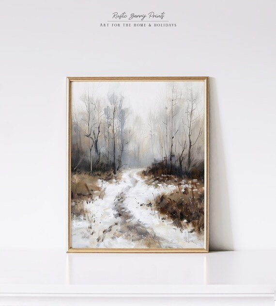 Misty Winter Trail Through Bare Birch Trees Snowy Path Landscape Poster