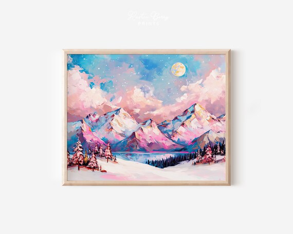 Pink Mountains Art Print Wall Art Painting Nature Landscape Painting Full Moon Instant