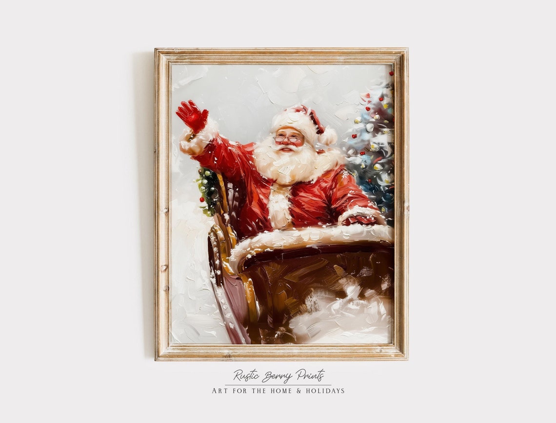 Santa Claus Waving From Sleigh Decorated Christmas Tree Holiday Poster