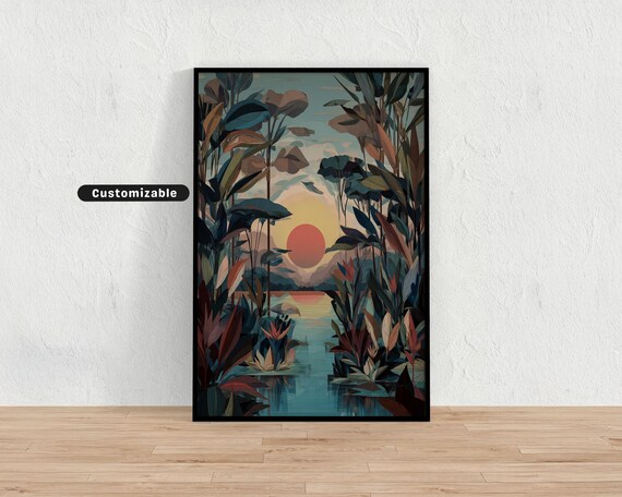 Art Deco Tropical Landscape Sun Sea Stylized Plants Wall