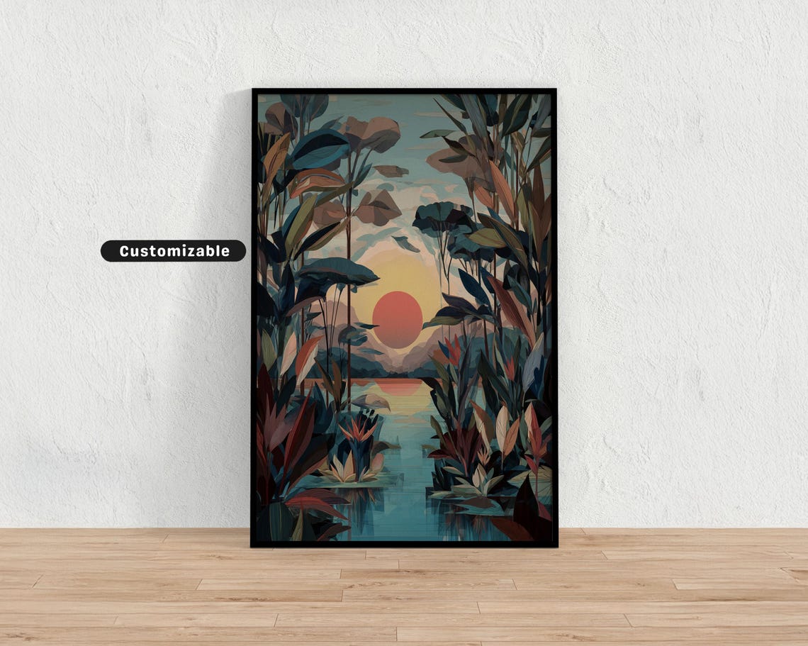 Art Deco Tropical Sunset Jungle Stylized Landscape Art Print