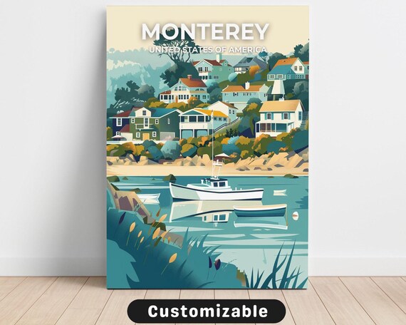 Monterey Harbor Boats Retro California Coastal Travel Poster
