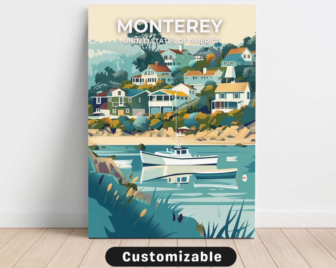 Monterey Harbor Boats Retro California Coastal Travel Poster
