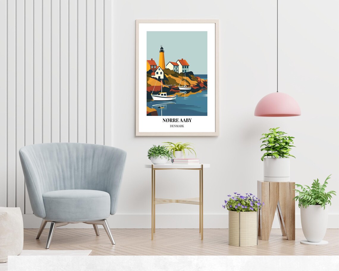 Norre Aaby Golden Lighthouse over Fishing Boats Denmark Poster - Image 2